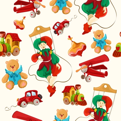 Decorative retro baby toys sketch seamless pattern of airplane peg top teddy bear puppet vector illustration