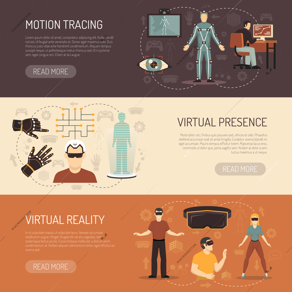 Virtual reality horizontal banners with gamers and devices for motion tracing eye tracking and virtual presence flat vector illustration