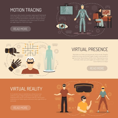 Virtual reality horizontal banners with gamers and devices for motion tracing eye tracking and virtual presence flat vector illustration