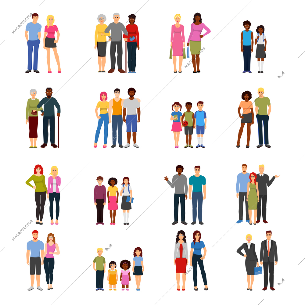 Buddies and friends together flat icons collection with adults colleagues teenagers and kids abstract isolated vector illustration