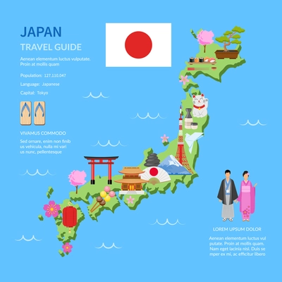 Japan for travelers map with cultural symbols and landmarks flat poster with infographic elements abstract vector illustration