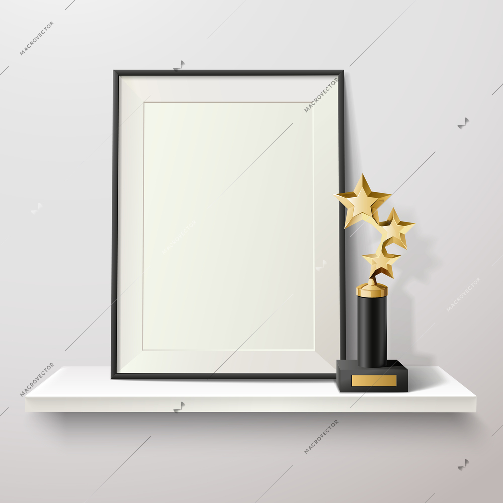 Golden star trophy and blank frame on white shelf on white background vector illustration