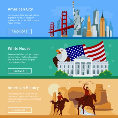 Horizontal usa flat banners with american cityscape white house and cowboys isolated vector illustration