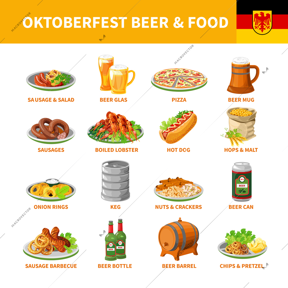 German annual oktoberfest traditional food snacks and beer flat icons collection with crayfish abstract isolated vector illustration