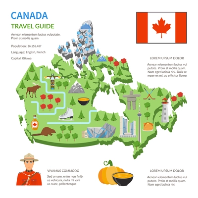 Canada travel guide for tourists flat infographic poster with country map landmarks and cultural symbols vector illustration