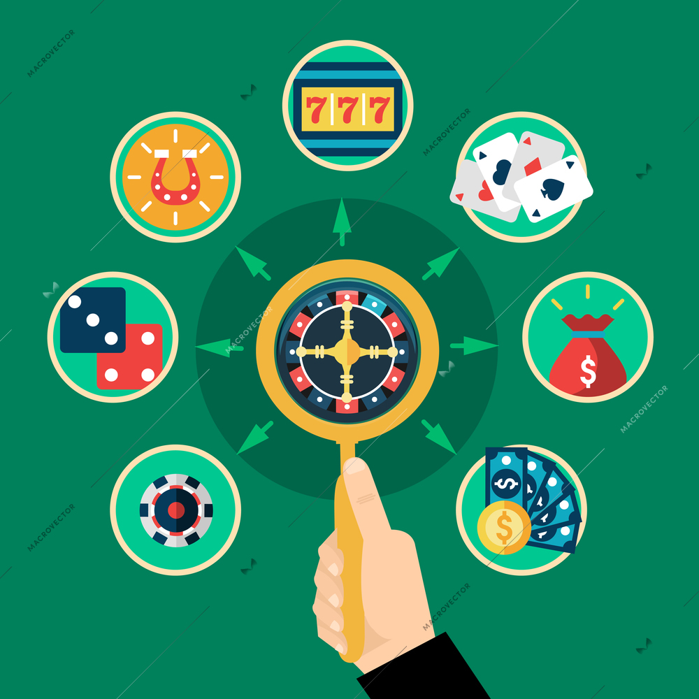 Casino roulette in hand icons round composition with cards coins dice 777 symbols flat vector illustration