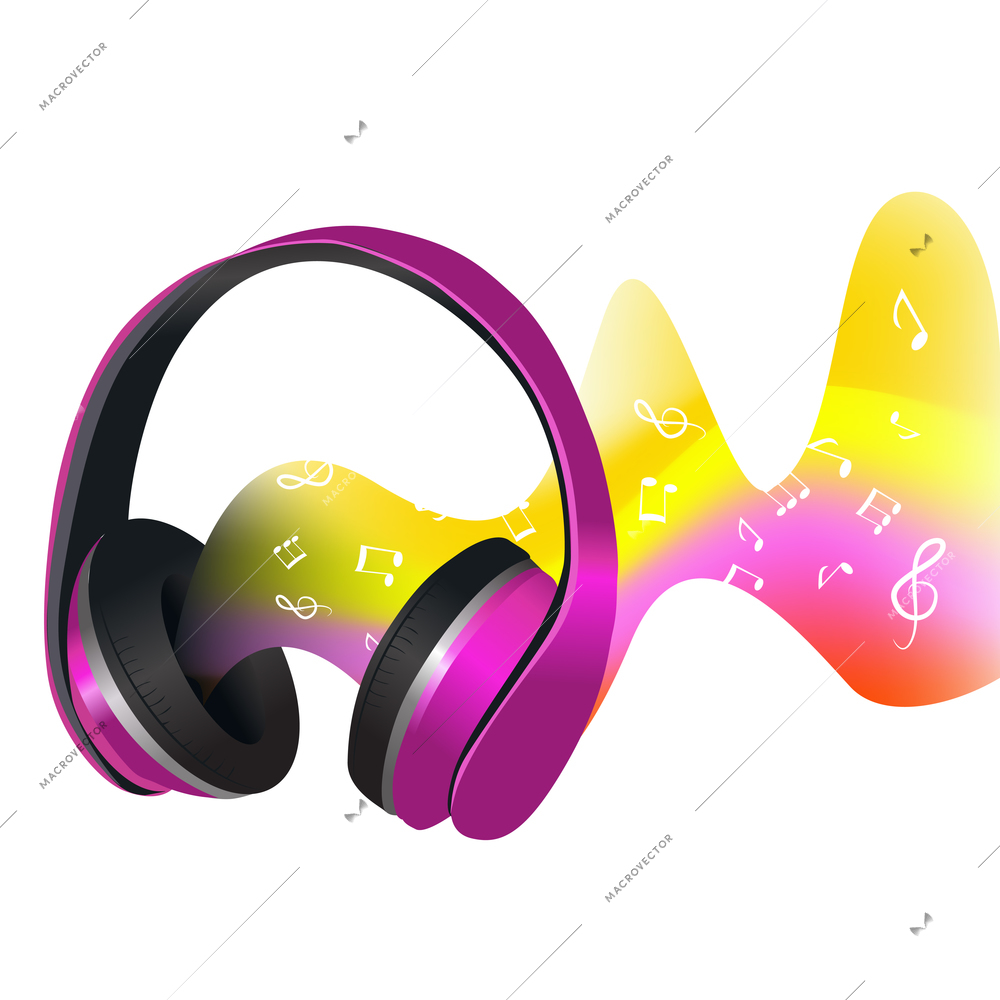 Headphones with colored decorative abstract soundwave with music signs print vector illustration