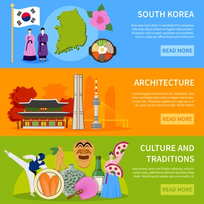 South korea culture traditions architecture and sightseeing for tourists 3 flat banners website design isolated vector illustration