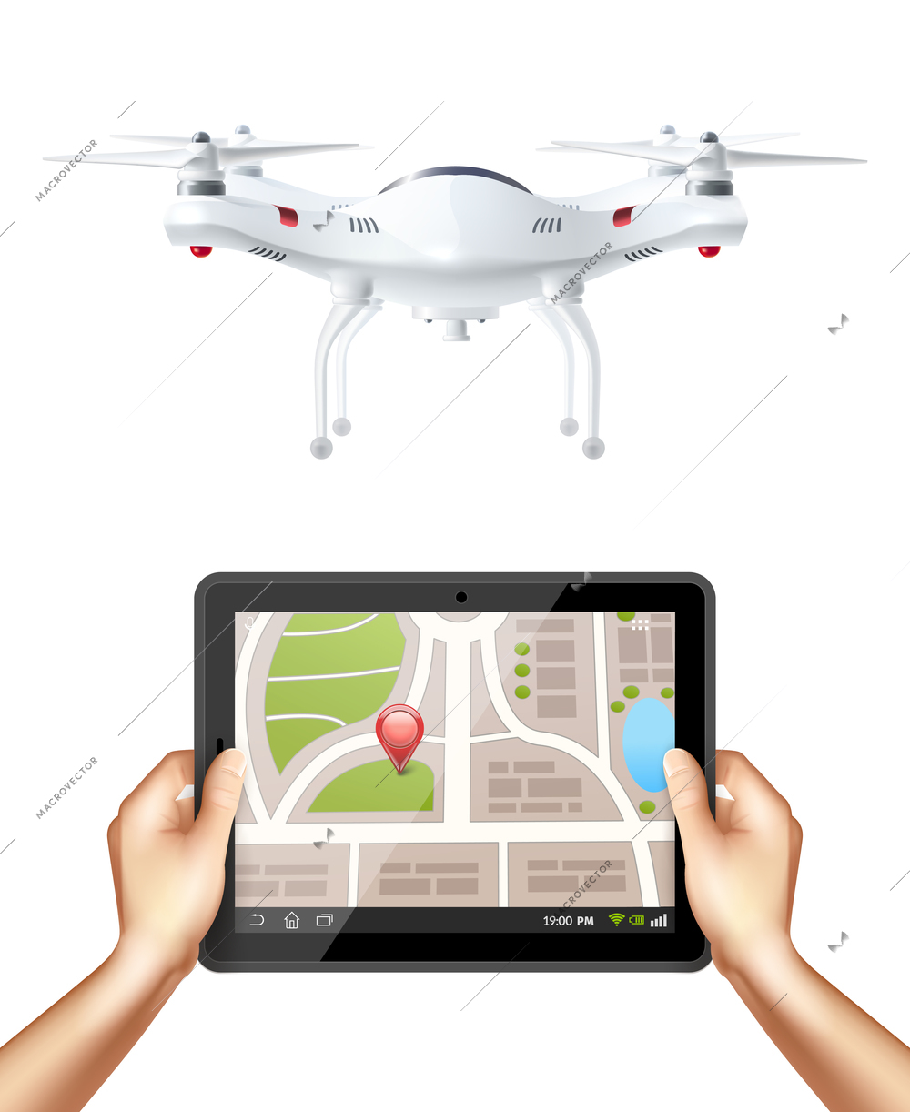 Remote controlled quadrocopter with camera and hands holding tablet with navigation app design concept in realistic style vector illustration
