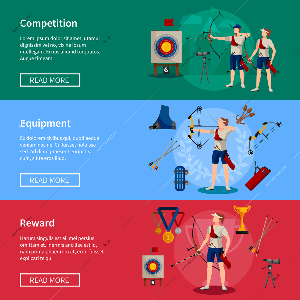 Colorful flat horizontal archery banners with players rewards and necessary equipment for competition isolated vector illustration