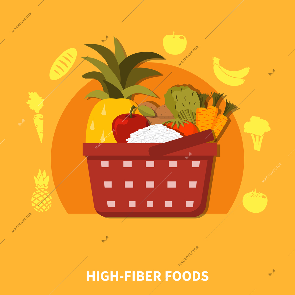 Supermarket basket composition with fresh healthy food fruits vegetables symbols orange background flat vector illustration