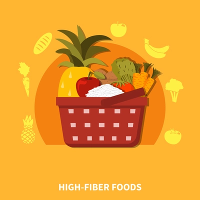 Supermarket basket composition with fresh healthy food fruits vegetables symbols orange background flat vector illustration