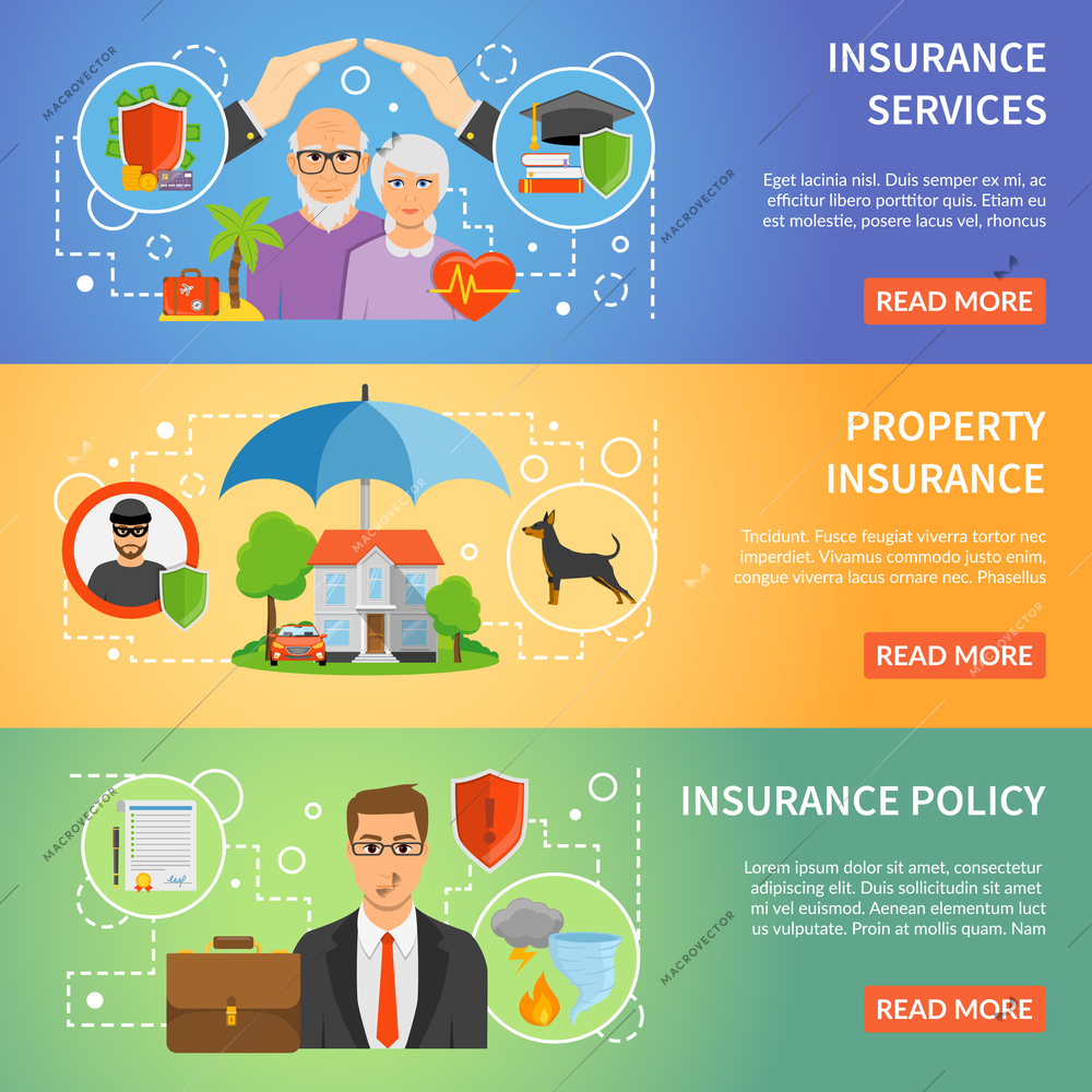 Insurance company services policy online information 3 flat horizontal banners set webpage design abstract isolated vector illustration