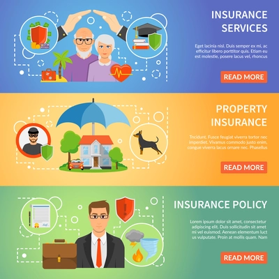 Insurance company services policy online information 3 flat horizontal banners set webpage design abstract isolated vector illustration