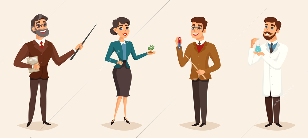 Education cartoon template with different characters of male and female teachers isolated vector illustration