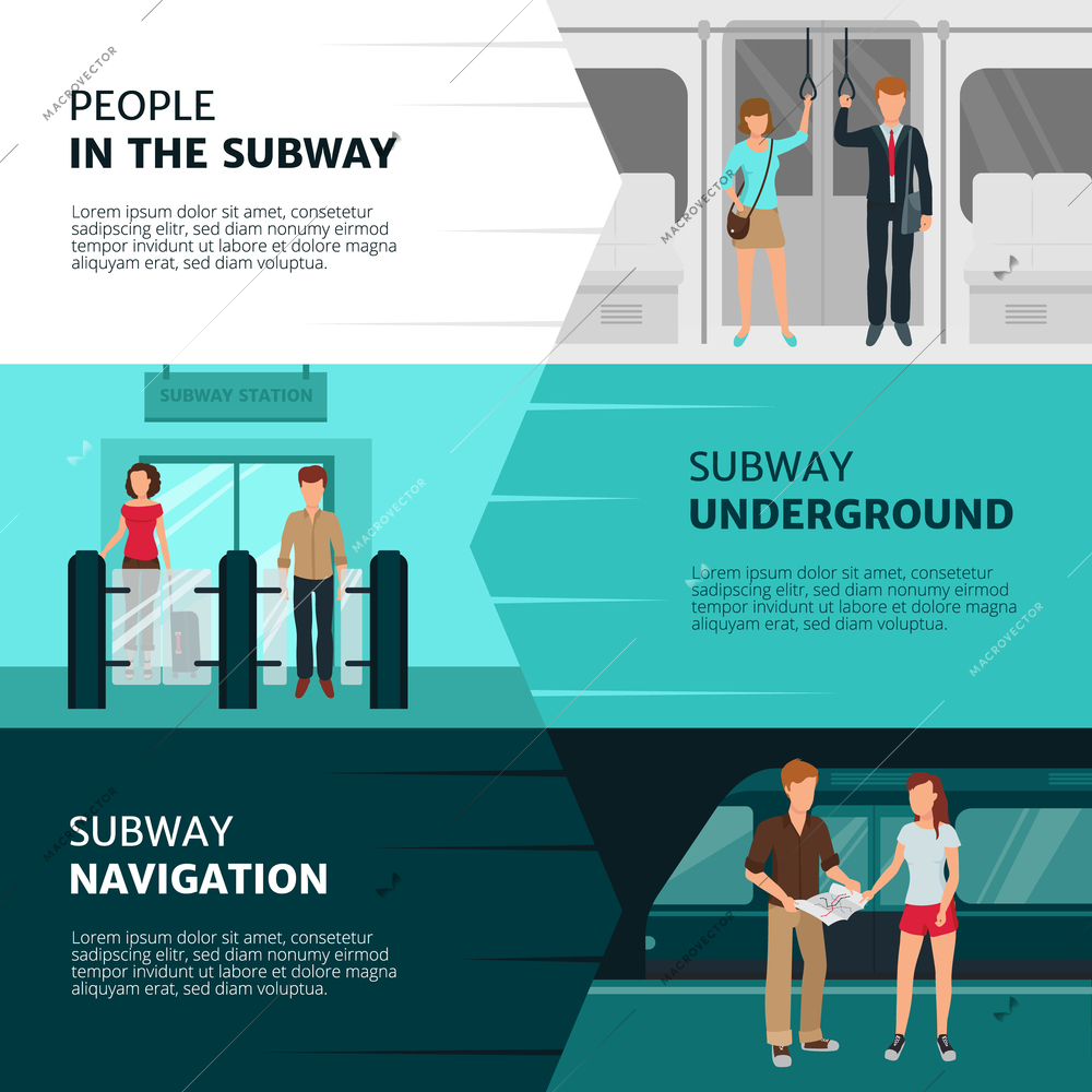 FLat design horizontal banners with people inside subway train and walking through ticket barrier isolated vector illustration