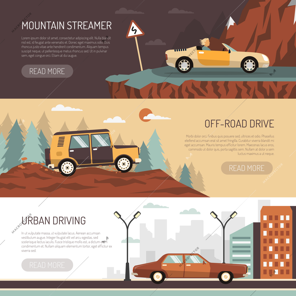 Set of horizontal banners with passenger cars for off-road urban and mountain driving flat vector illustration