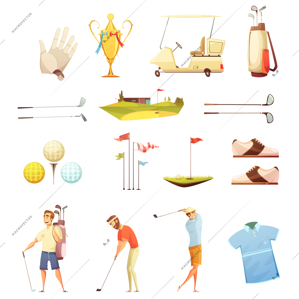 Golf players and accessories retro cartoon icons collection with putting flags gloves and trophy isolated vector illustration