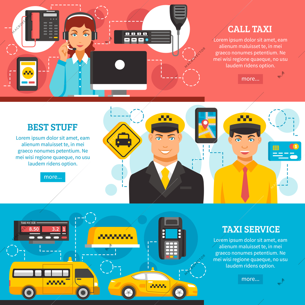 Three different colored taxi service banner set with descriptions of call taxi best stuff and taxi service vector illustration