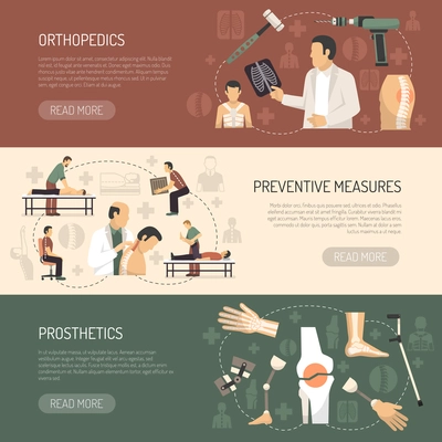 Orthopedics and traumatology horizontal banners with advertising of prosthetics and preventive measures flat vector illustration