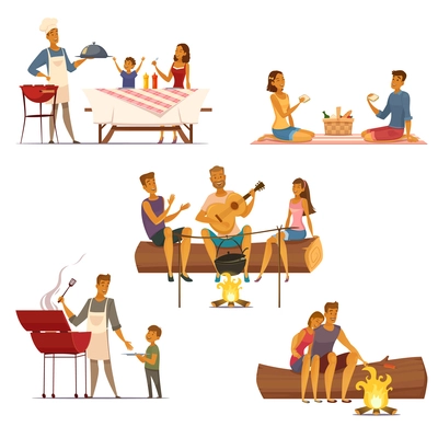 Barbecue picnic outdoor weekend with family and friends 5 retro cartoon compositions icons isolated vector illustration