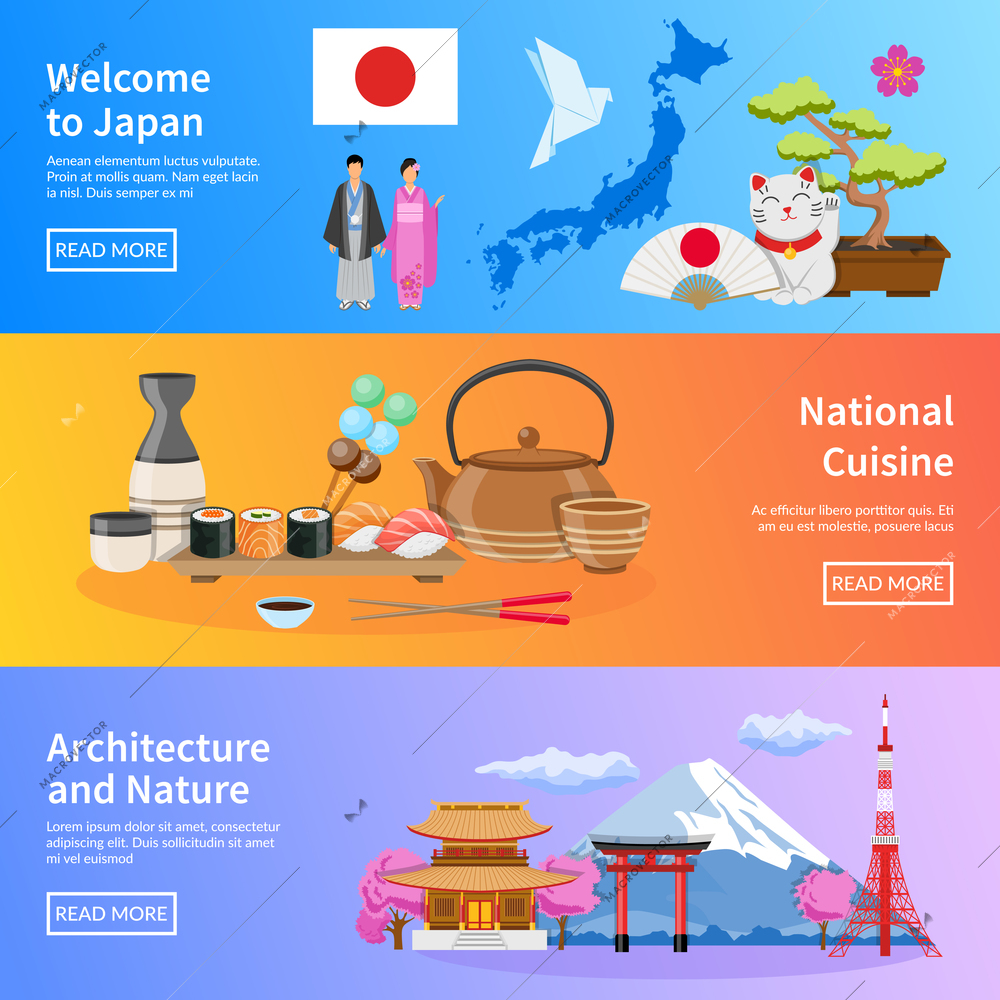 Japanese national cuisine architecture traditions and nature for travelers 3 flat banners webpage design  isolated vector illustration