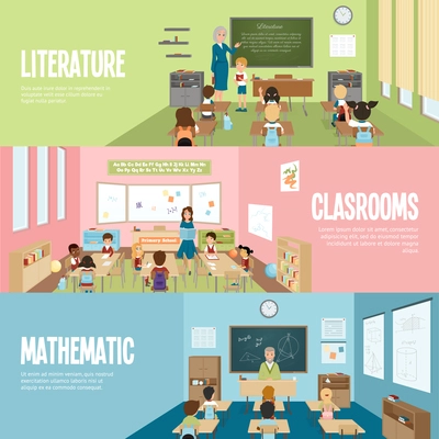 Horizontal banners with scenes in school classrooms on literature mathematics and elementary lessons vector illustration