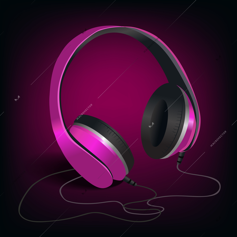 Pair of pink music headphones with wire on purple background poster vector illustration