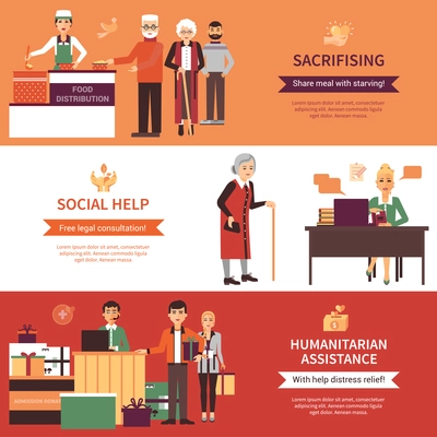 Volunteers people banners set of food distribution social help with legal consultations and humanitarian assistance compositions flat vector illustration