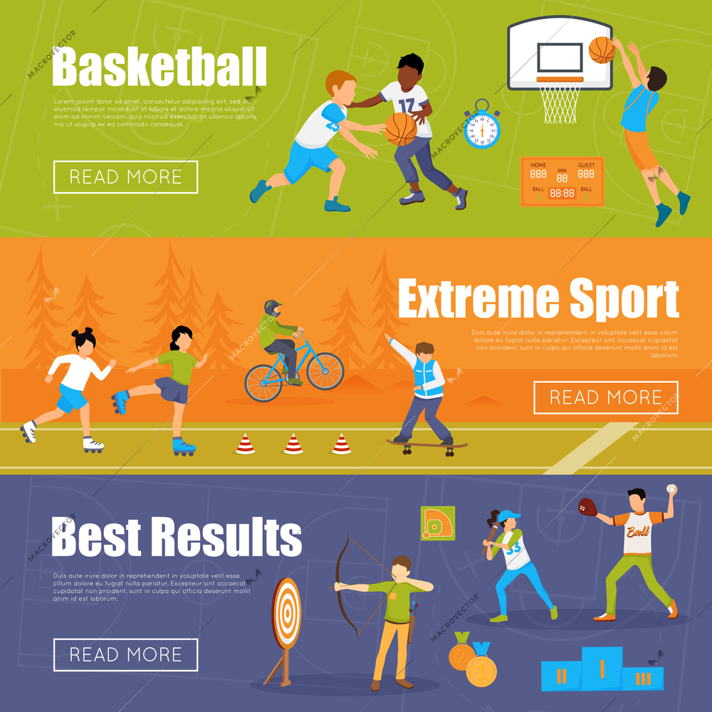 Horizontal banners of kids playing basketball and baseball doing extreme sport and archery for best results vector illustration