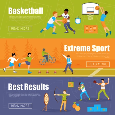 Horizontal banners of kids playing basketball and baseball doing extreme sport and archery for best results vector illustration