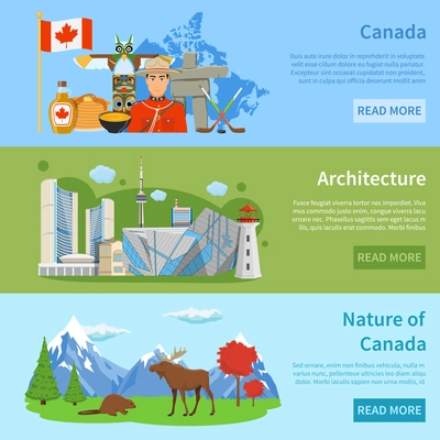 Canadian culture architecture nature and landmarks for travelers 3 flat horizontal banners webpage design isolated vector illustration