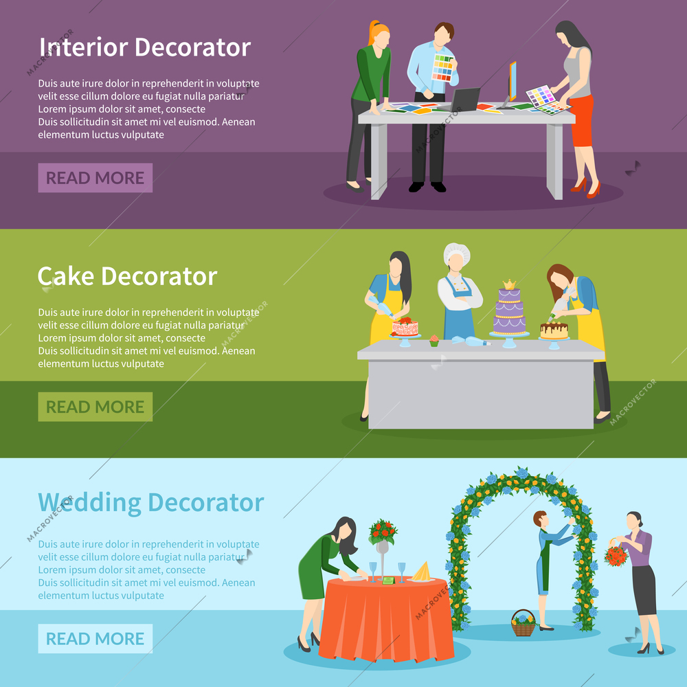Interior design and wedding ceremony decoration ideas 3 flat banners webpage with read more button vector illustration