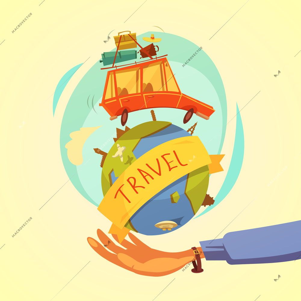 Travel and tourism cartoon concept with hand globe and car on yellow background vector illustration