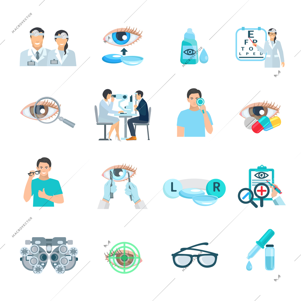 Ophthalmologist vision correction clinic flat icons set with eye symbol abstract isolated  vector illustration