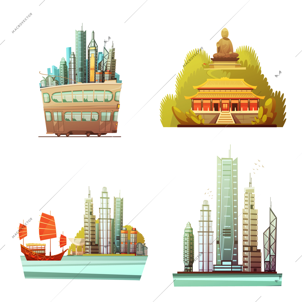 Hong kong 2x2 design concept set of history landmarks modern urban architecture and sea landscape flat vector illustration