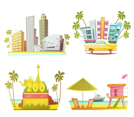 Miami 2x2 design concept with skyscrapers city zoo lifeguard cabin on beach cartoon compositions flat vector illustration