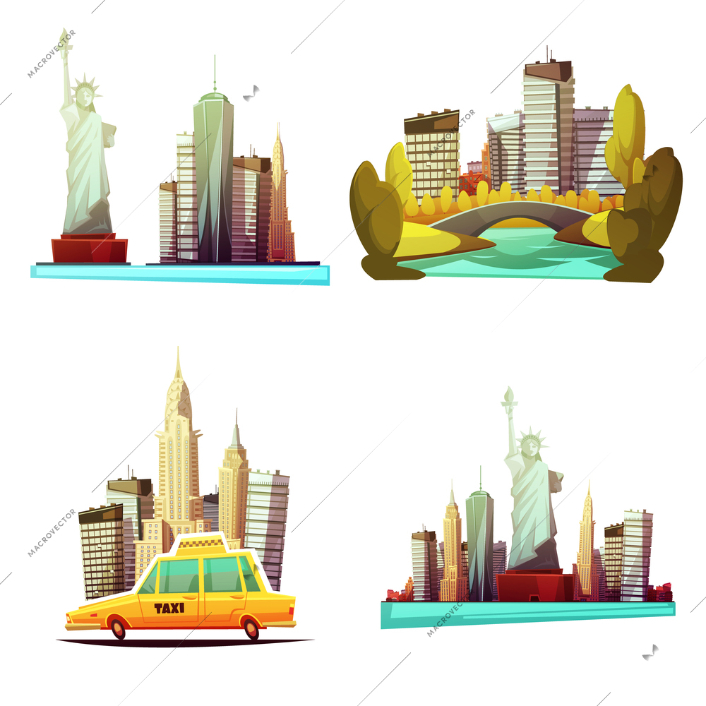 New york downtown 2x2 cartoon compositions with skylines statue of liberty yellow cab central park elements flat vector illustration