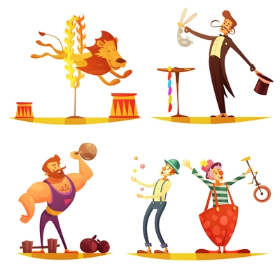 Traveling circus retro cartoon 4 icons square composition with performing strongman clown and magician isolated vector illustration