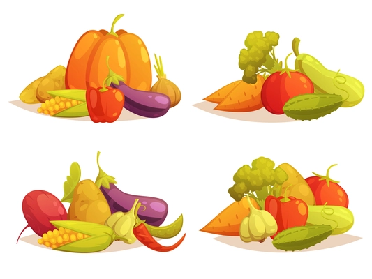 Classical farmers market vegetables compositions 4 retro style icons set with pumpkin and cucumbers isolated vector illustration