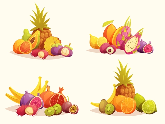 Fresh tropical fruits 4 retro cartoon compositions with pineapple banana orange and citrus isolated vector illustration