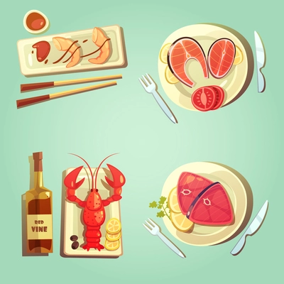 Color cartoon concept 2x2 seafood lobster sushi salmon lemon red vine fish vector illustration