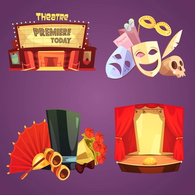 Theatre stage decorations and props retro cartoon 2x2 flat icons set isolated vector illustration