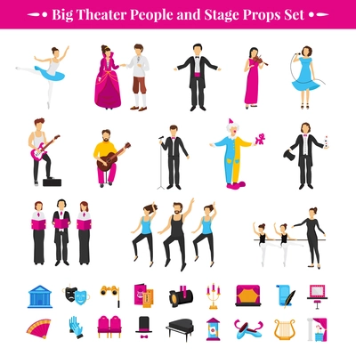 Stage props set with actors dancers and musicians flat isolated vector illustration