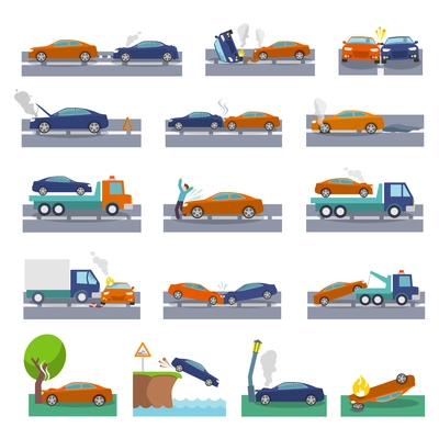 Car crash and accidents icons set with collision fire flood insurance events vector illustration