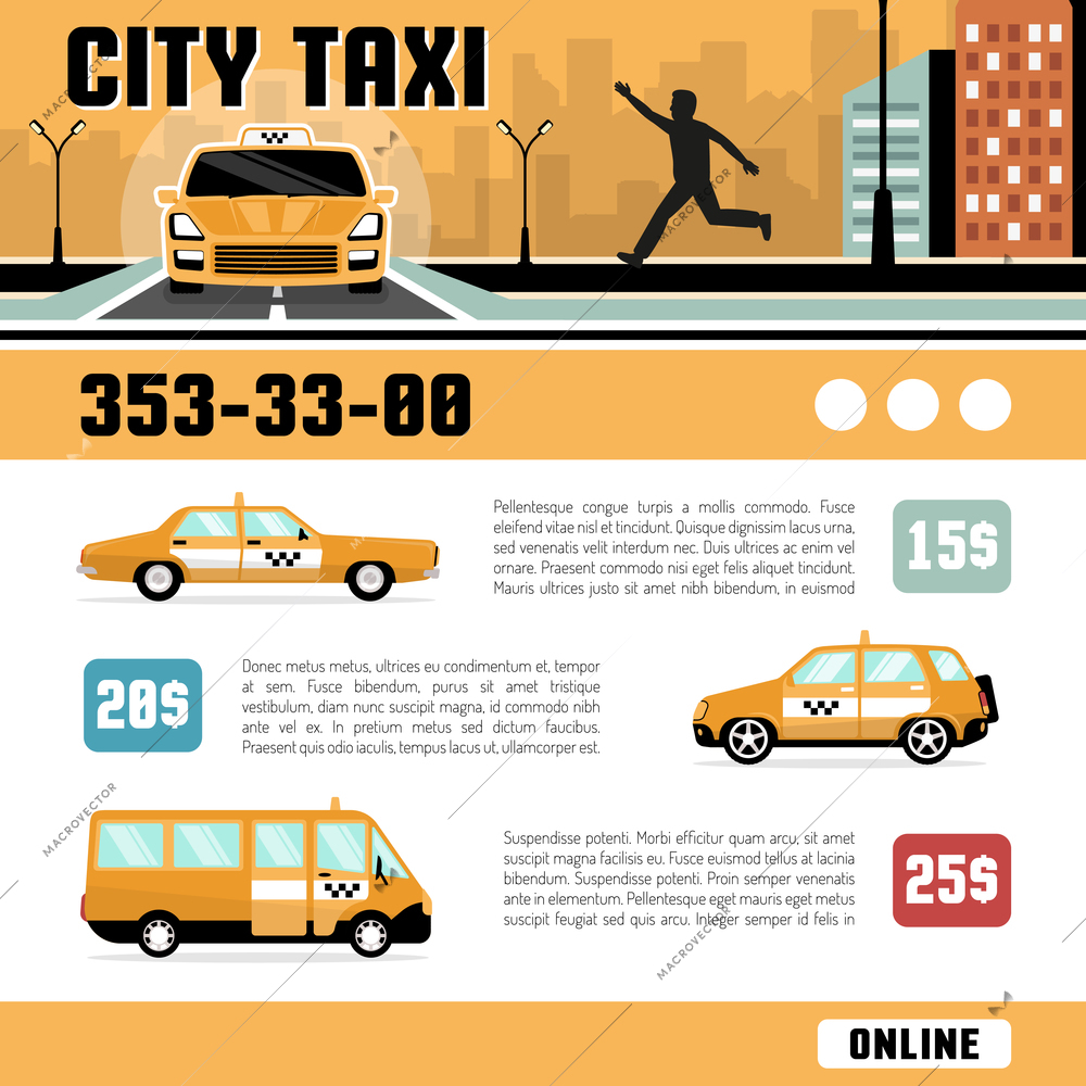 City taxi online services web page template with cost of the trip car types and telephone information flat vector illustration