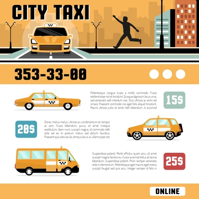 City taxi online services web page template with cost of the trip car types and telephone information flat vector illustration