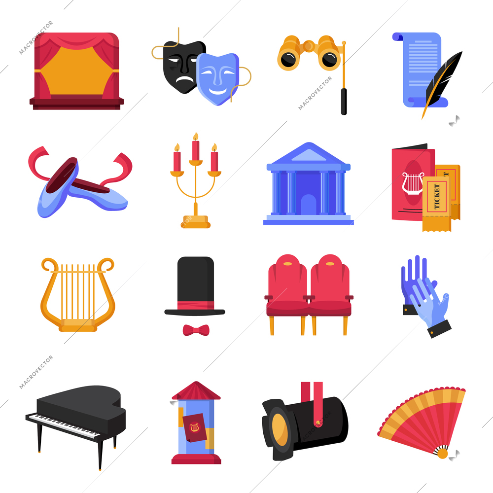 Colorful flat theatre icons set with musical instruments and props isolated on white backgroumd vector illustration