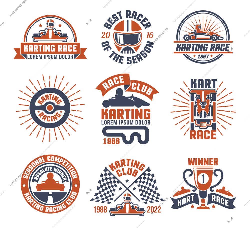 Red and blue color logo and emblems flat set for karting motor race club isolated vector illustration