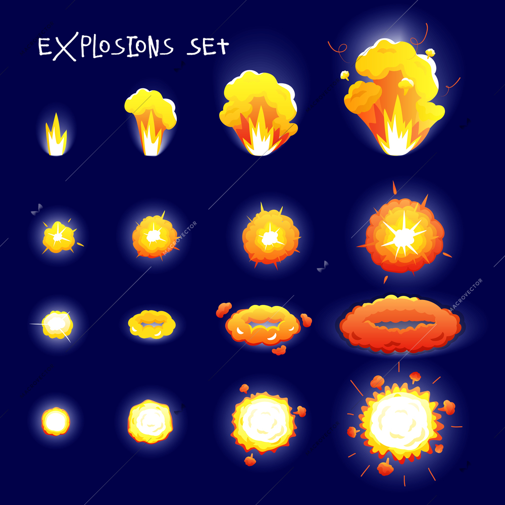 Cartoon set with explosion effects of different size and shape for flash animation isolated on dark blue background vector illustration